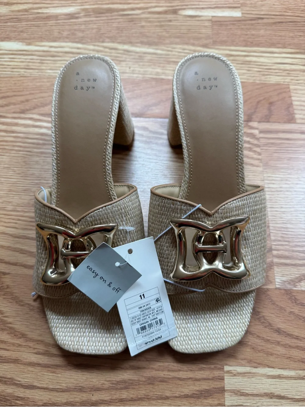 NWT A New Day Tan Raffia Gold Buckle Block Heel Sandals Size 11